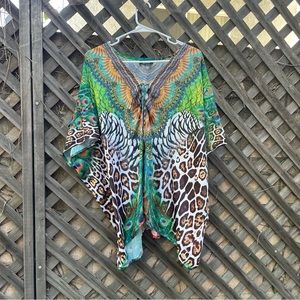 Shahida Parides Peacock Leopard Kaftan Crepe Silk Poncho Women One Size Cover Up